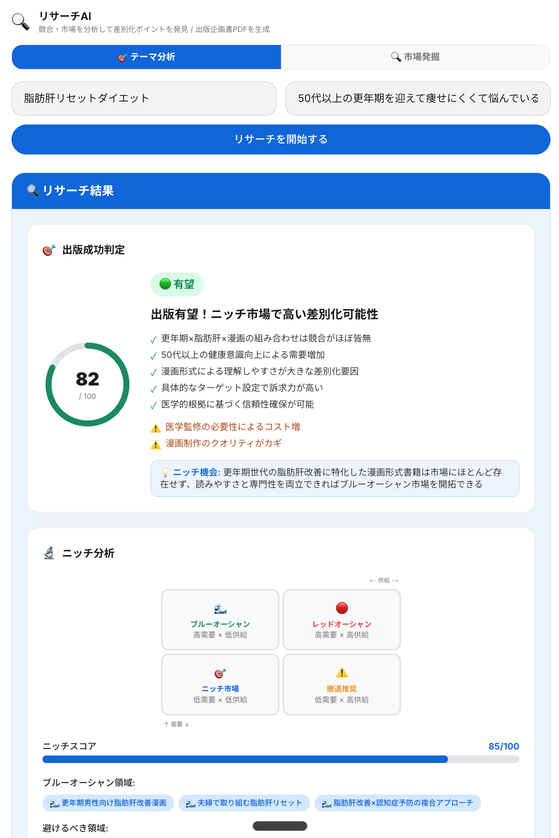 AIリサーチ機能の画面