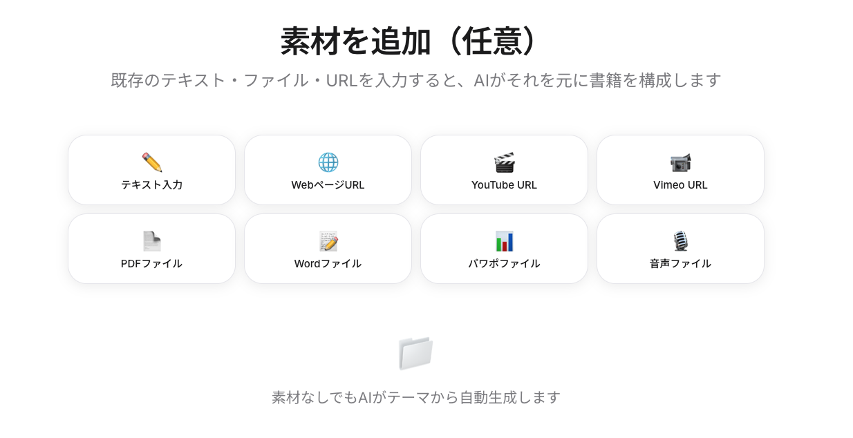 素材アップロードの画面